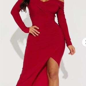 Fashion Nova Elegant Red Off-Shoulder Dress XS